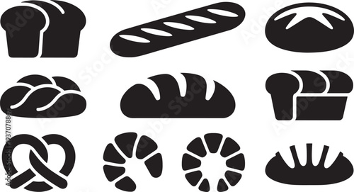 Black and white of various types of bread and pastries pastry baguette pretzel round bread