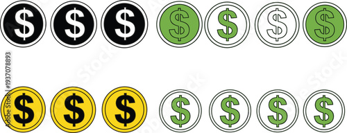 Dollar currency coin icon set in various colors including gold green and black for finance banking investment business savings and digital payment concept.