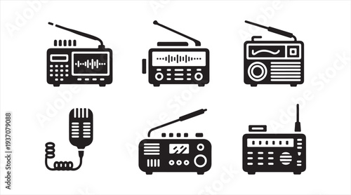 Vintage and modern radio communication device icons isolated in black silhouette style