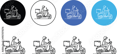 Food delivery scooter icon set featuring a courier on a moped with a cargo box in diverse blue, black, and white circular flat line art vector styles.