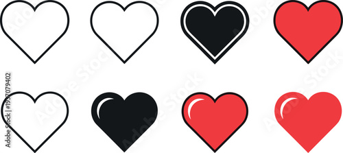 Heart Love Icon Set with Outline and Filled Red and Black Heart Symbols for Romance, Valentine, Social Media Likes, Relationship and Emotion Design
