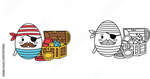 Cute pirate Easter egg character with open treasure chest, color and black and white line art coloring page vector illustration