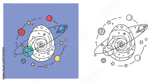 Space illustration featuring a central galaxy surrounded by planets, stars, and orbits. Includes colored version and black and white line art for coloring book
