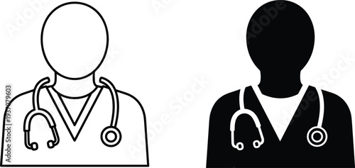 Medical doctor avatar icon set featuring outline and solid silhouette healthcare professional with stethoscope minimalist physician profile symbol for hospital clinic telemedicine branding