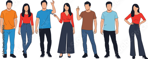 Collection of diverse men and women in colorful casual clothing standing in various poses isolated on a white background.
