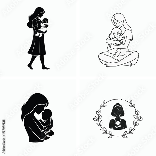 Set of mothers holding babies in various poses and styles isolated on transparent background