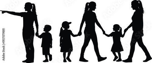 Mother and children silhouettes walking together holding hands representing family love parenting care protection and childhood relationship vector illustration isolated set