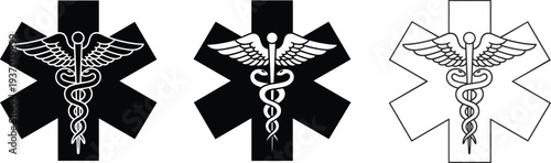 Medical Star of Life icon set featuring the Caduceus symbol for emergency medical services healthcare pharmacy hospital ambulance and professional healthcare provider branding.