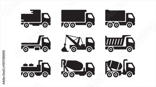 Black silhouette construction truck and equipment icons isolated for logistics and building industry design
