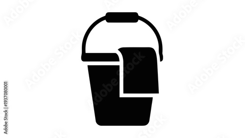 Vector illustration of black bucket with a towel hanging on the handle on a transparent background