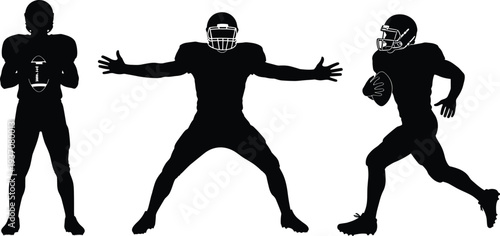 American football players silhouette vector collection, set of running back and offensive lineman action poses isolated on white background, sports.