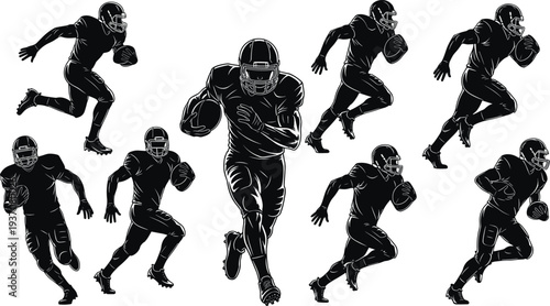 American football players silhouette vector collection, set of running back and offensive lineman action poses isolated on white background, sports.