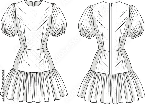 A of a dress with puffed sleeves and a tiered skirt shown from front and back views front view