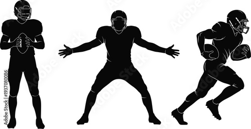 American football players silhouette vector collection, set of running back and offensive lineman action poses isolated on white background, sports.