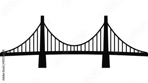 Vector illustration of black silhouette of a suspension bridge on a on a transparent background