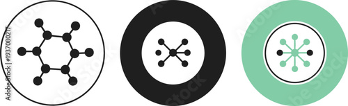 Modern circular icons representing molecular structures neural networks and data connectivity for science technology medicine biotechnology and digital communication web design projects.