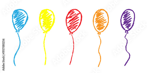 Colorful Bright Balloon Kids Drawing on white Background. Trendy Charcoal Pencil Icons for kids Birthday, Children's Day. Objects Strokes, Scribbles on white. Vector Illustration
