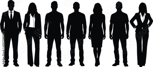 Collection of diverse men and women in various colorful casual and business clothing walking forward isolated on white background.