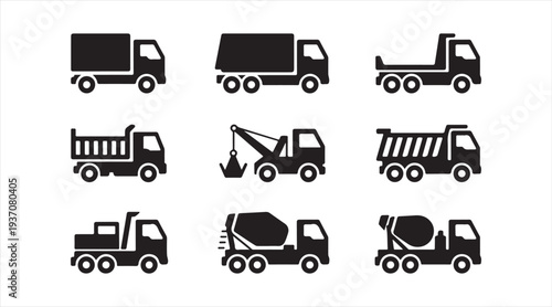 Heavy construction vehicle icon set with crane dump truck cement mixer and excavator silhouettes