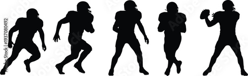American football players silhouette vector collection, set of running back and offensive lineman action poses isolated on white background, sports.