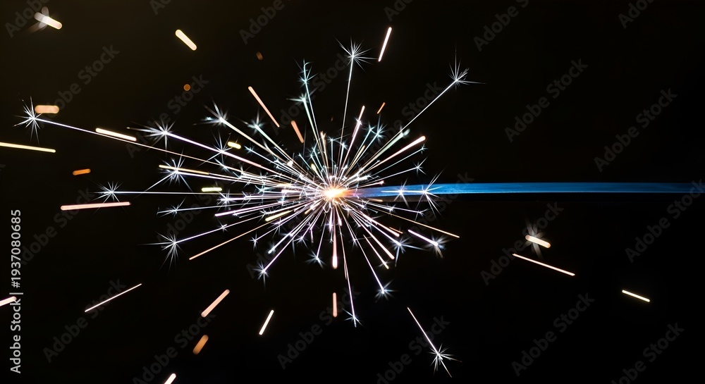 Fototapeta premium Sparkling firework explodes in night sky with colorful sparks flying everywhere quickly