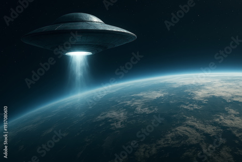 Alien UFO Hovering Above Earth at Futuristic Sci-Fi Concept Horizontal