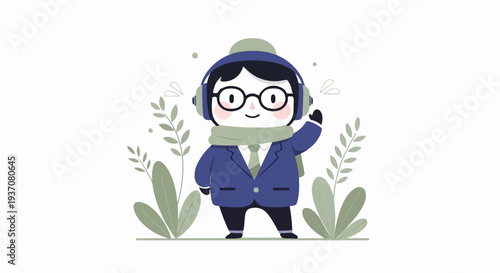 Cute character in winter attire with headphones, waving