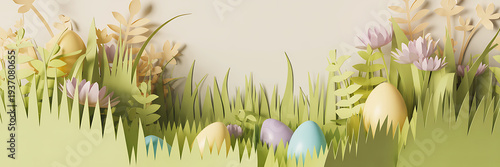 Easter eggs and flowers in grass on beige background  spring holiday scene