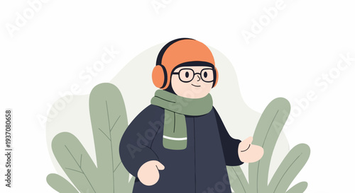 A person in winter attire, sporting headphones and a scarf, stands amidst stylized greenery