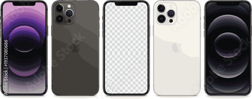 Modern high-end smartphone vector mockup set featuring front and back views with triple camera system, transparent screen, and purple abstract wallpaper display.