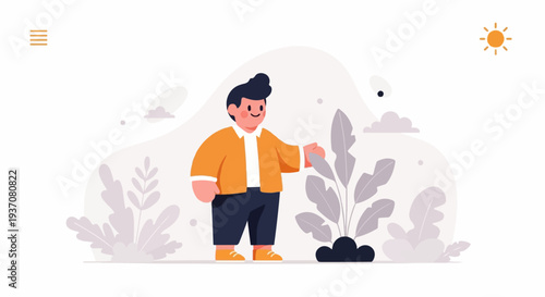 Cheerful person in an orange jacket tending to plants under a sunny sky