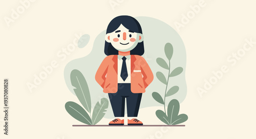 A stylized, flat illustration of a person in a business suit with dark hair and rosy cheeks