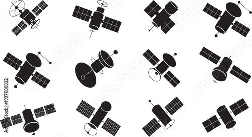 Black and white satellite arranged in a grid pattern space