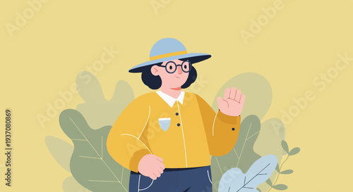 Cheerful cartoon person in a hat and yellow shirt, waving hello against a soft yellow and green botanical backdrop