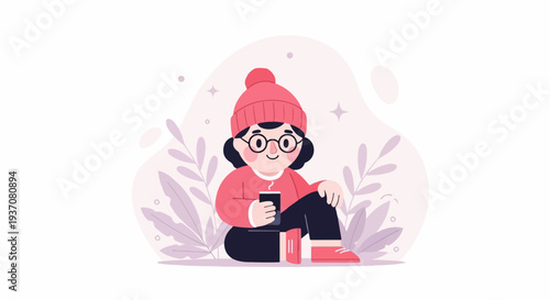 Cozy character in warm attire sips a hot drink amidst stylized foliage and gentle sparkles