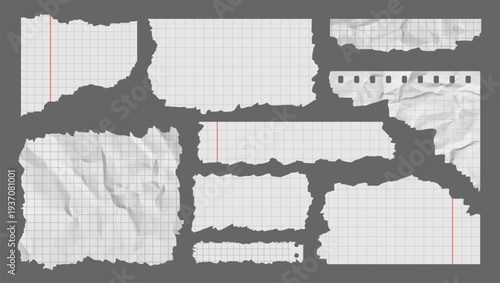 Crumpled and Torn Pieces Check Grid Lines Overlay Notebook Paper. White Pieces Paper with Torn Edges. Ripped Crumpled white Paper Pieces. Realistic Crumpled Paper Scraps with Torn Edges. Scrapbooking.
