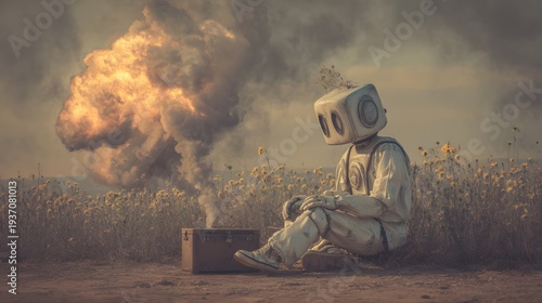 A lone robot contemplating amid a cloud of smoke and flowers. The robot sits pensively, next to a box against the backdrop of an open field.