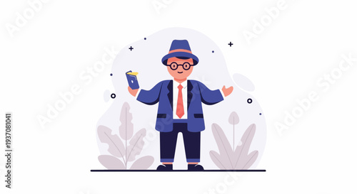 A cartoon man in a suit and hat holds a book, standing amidst stylized plants and dots