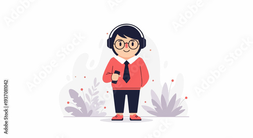 A person wearing headphones and glasses, holding a phone, stands against a minimalist plant background