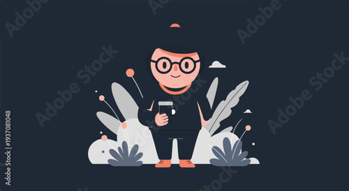 A cartoon character with glasses and a hat holds a mug, surrounded by abstract plants