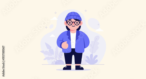 Charming cartoon individual in blue jacket, beanie, and glasses, stands against a soft background