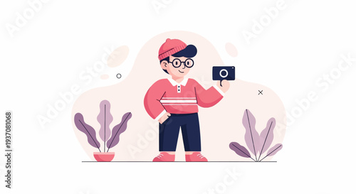 Young person in a hat and glasses holds a camera, surrounded by abstract shapes and potted plants