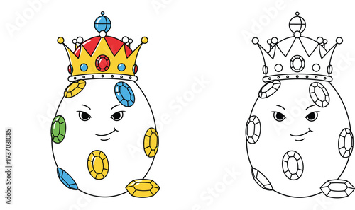 Cute cartoon egg king mascot wearing a jeweled crown, colored version and black and white line art coloring page illustration