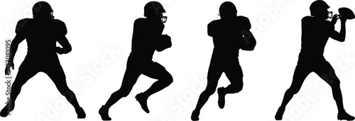 American football players silhouette vector collection, set of running back and offensive lineman action poses isolated on white background, sports.