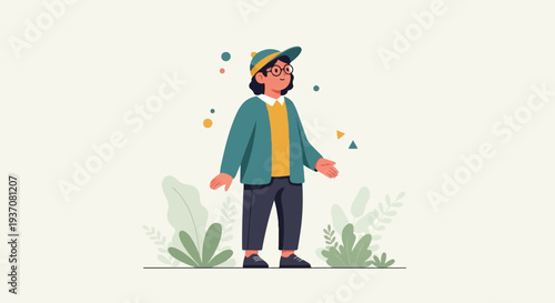 A cartoon person wearing a cap and glasses stands amidst plants and abstract shapes