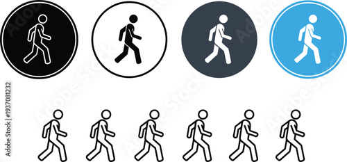 Pedestrian walking man icon set featuring diverse styles including black and blue circular badges, solid silhouettes, and thin line art for navigation and fitness.