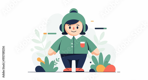 A stylized cartoon person wearing a green winter hat, jacket, and dark pants