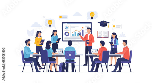 Business Training Presentation and Strategy Meeting. Professional Team Learning Data Analysis, Growth Workshop, and Corporate Education Seminar.