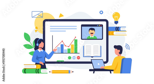Online Education Webinar Concept Vector: Instructor Teaching Virtual Course and Analyzing Data on Screen with Remote Student
