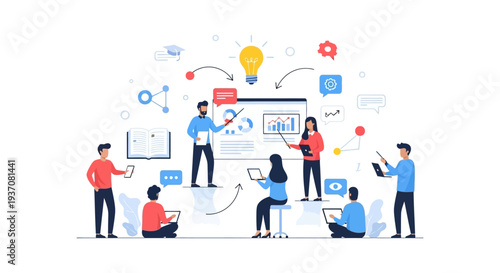 Team Collaboration and Idea Generation in Business Training. Flat Vector Illustration of E-Learning, Data Analysis, and Knowledge Sharing Workshop.